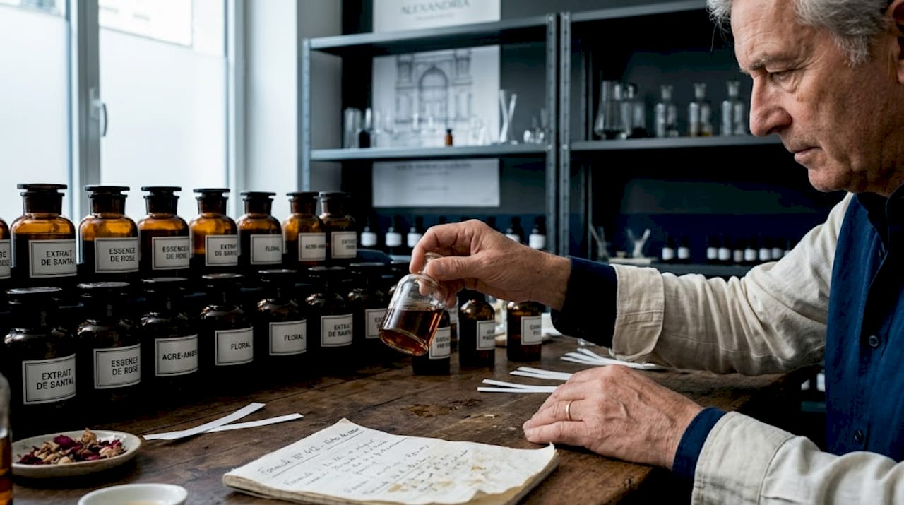 Des mains expertes composent un parfum dans l’ambiance raffinée d’un atelier.