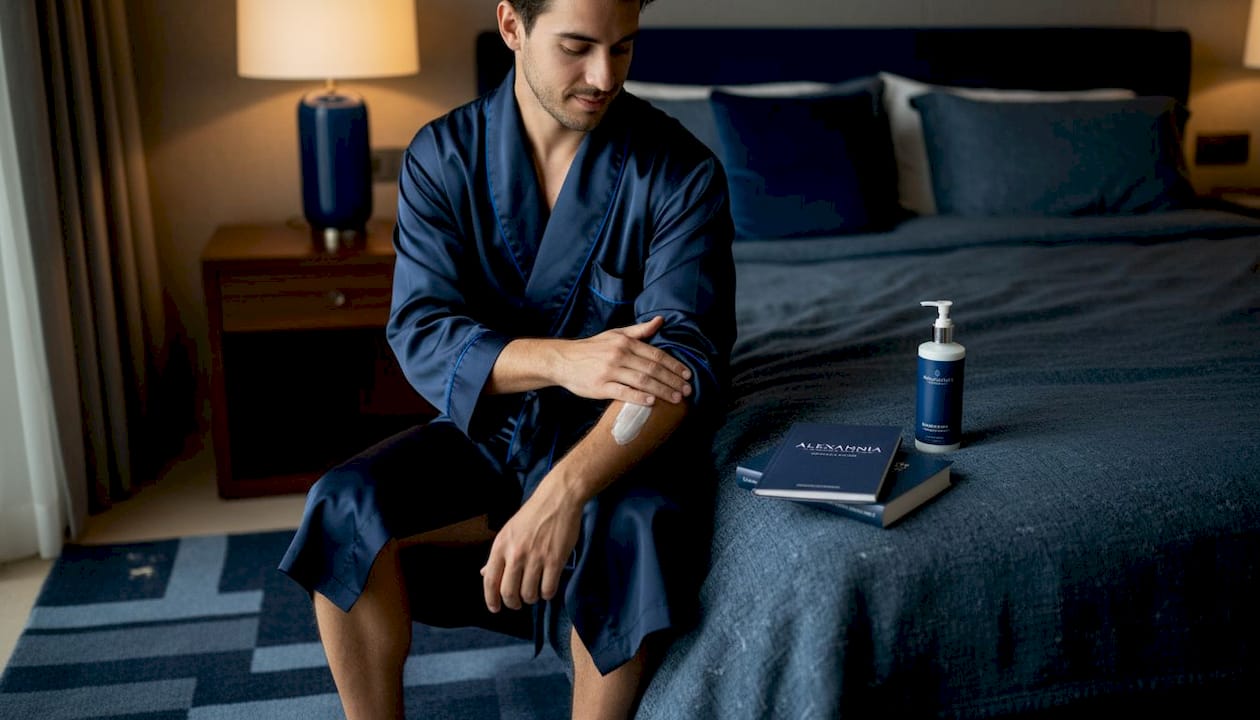 Hombre aplicándose crema hidratante antes de perfumarse
