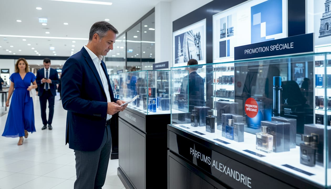 Un homme en quête de bonnes affaires sur les parfums parcourt les rayons d’un grand magasin.