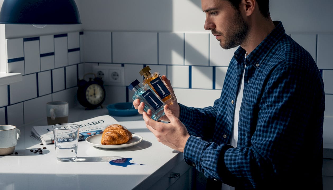 Un homme examine deux flacons de parfum, hésitant entre les deux, au milieu de sa cuisine.