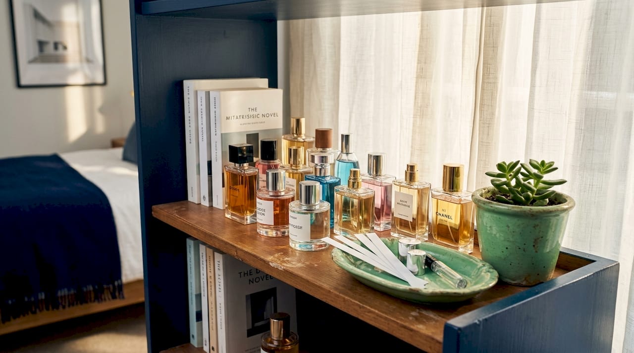 Budget perfumes displayed on living room shelf