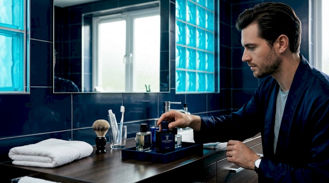 Man choosing cologne during morning routine