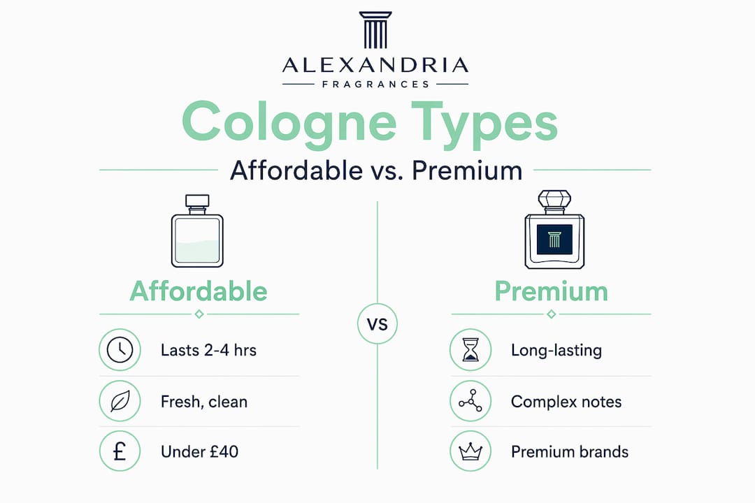 Infographic comparing affordable and premium cologne features