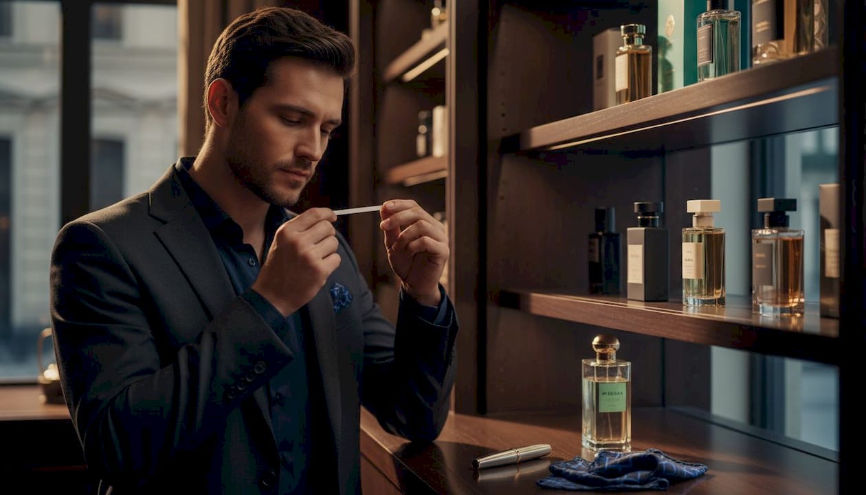 Man testing fragrance in boutique shop