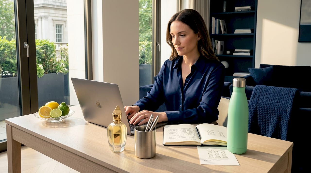 Luxury citrus perfume beside laptop workspace