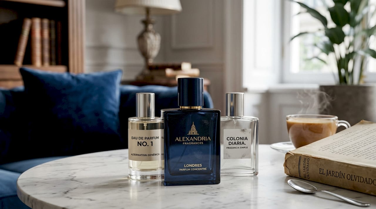 Primer plano de frascos de perfumes de lujo y sus alternativas asequibles