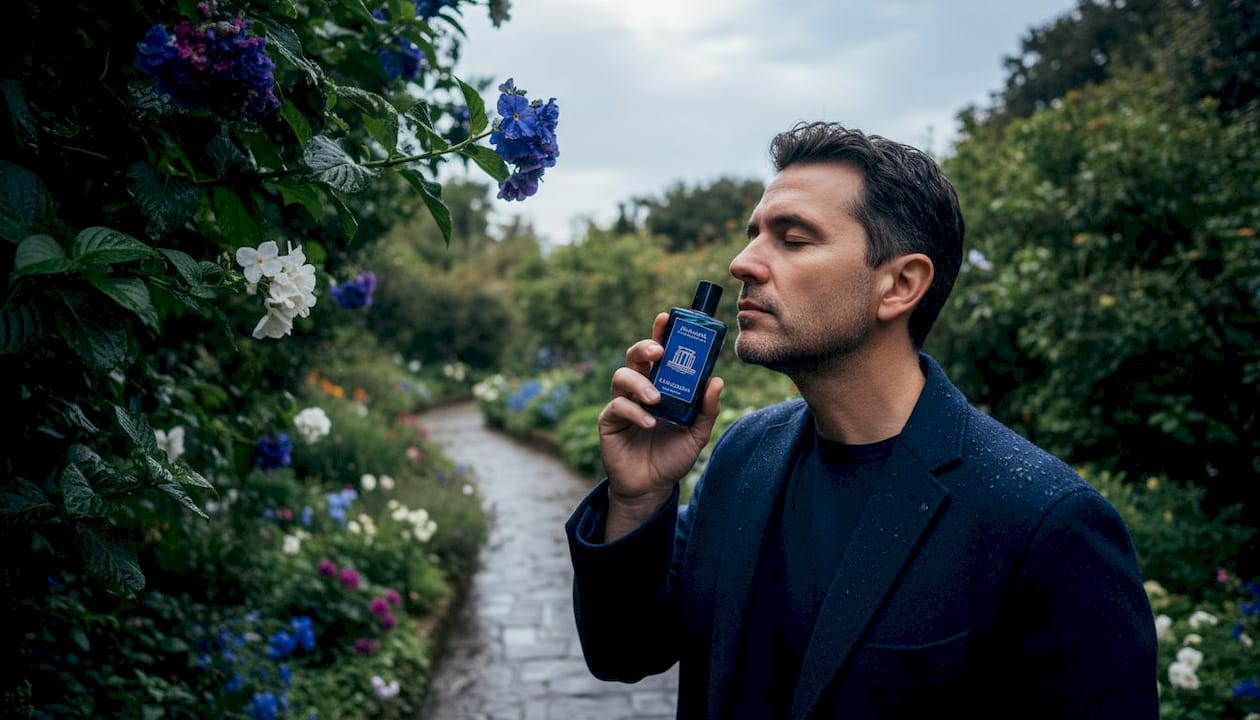 Un hombre disfruta del aroma de un perfume mientras pasea por un parque lleno de vegetación.