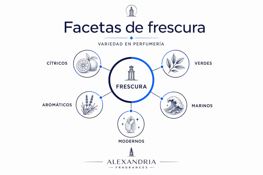 Infografía que explora las diferentes formas en las que se percibe la frescura en los perfumes y sus principales variantes.
