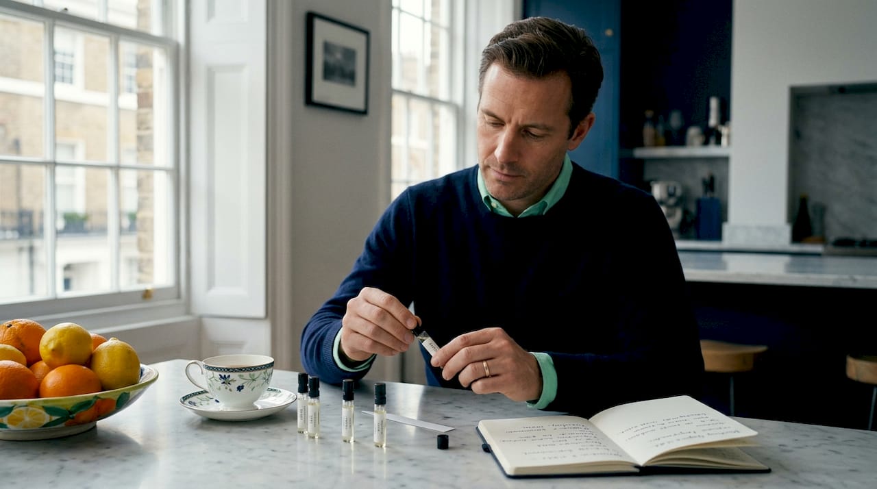 Man testing fragrance samples at kitchen table