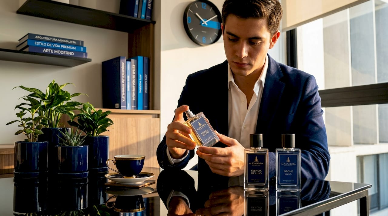 Un hombre decide qué perfume ponerse mientras prepara el café en la cocina por la mañana.