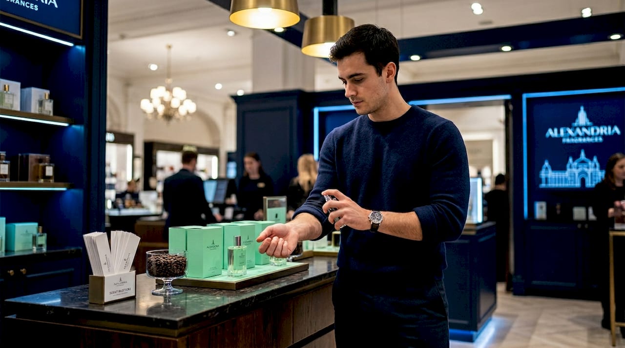 Man tests perfume on wrist in store