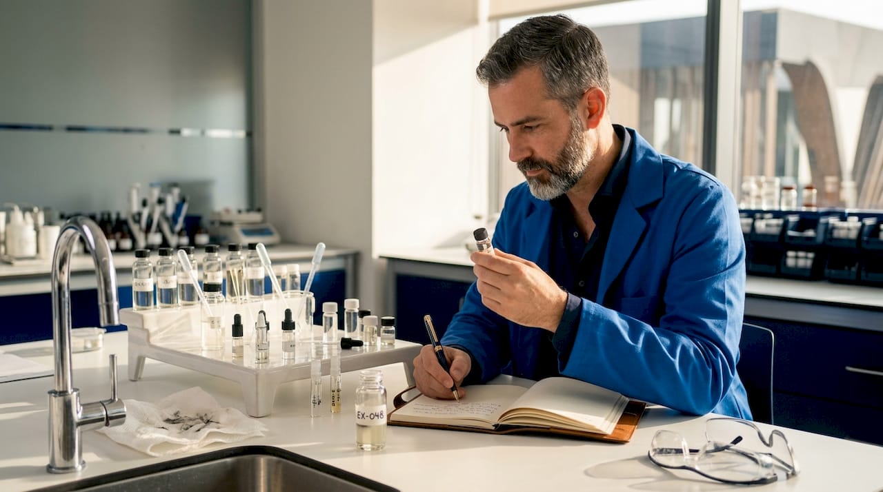 Un técnico de laboratorio examina una muestra de perfume en su estación de trabajo.