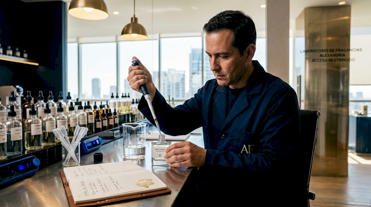Un técnico prepara mezclas de aromas en el laboratorio, combinando diferentes ingredientes para crear nuevas fragancias.