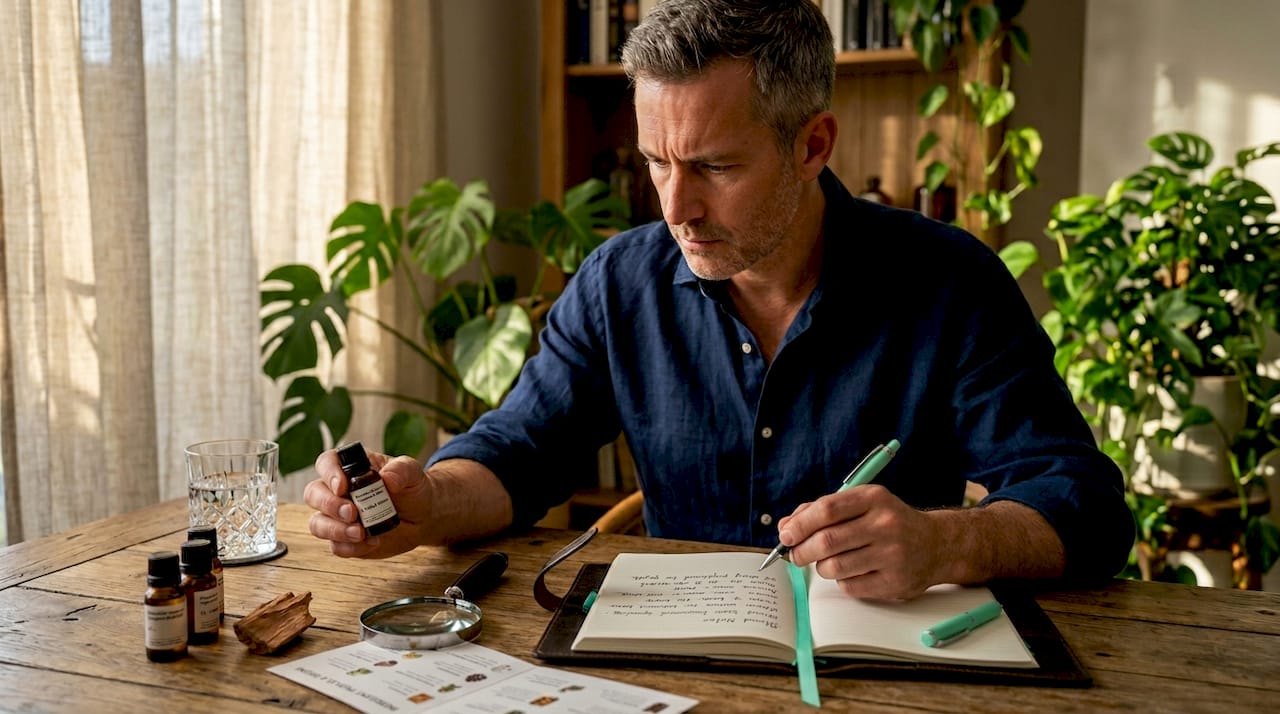Man studying Iso E Super ingredient vials