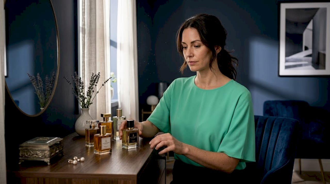 Woman organizing perfumes on bedroom dresser
