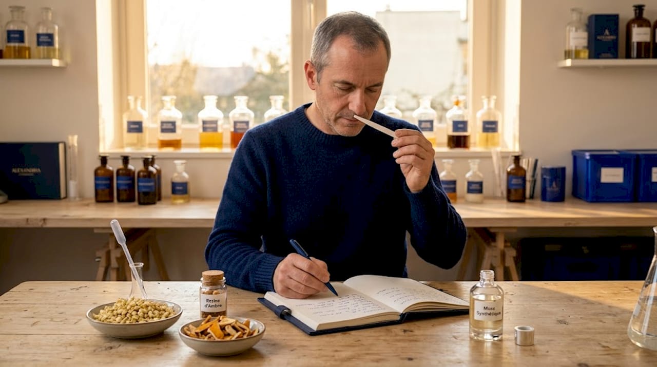Assis à sa table de cuisine, une personne sélectionne avec soin les différentes essences qui composeront son parfum.