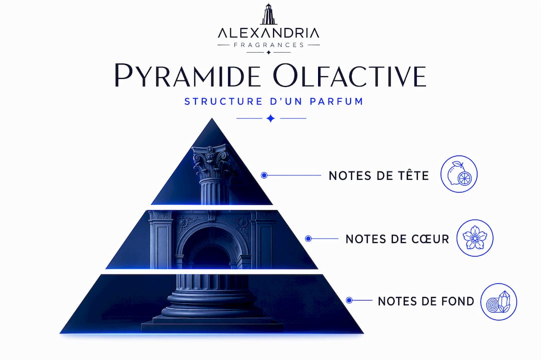 Infographie illustrant la pyramide olfactive en trois niveaux