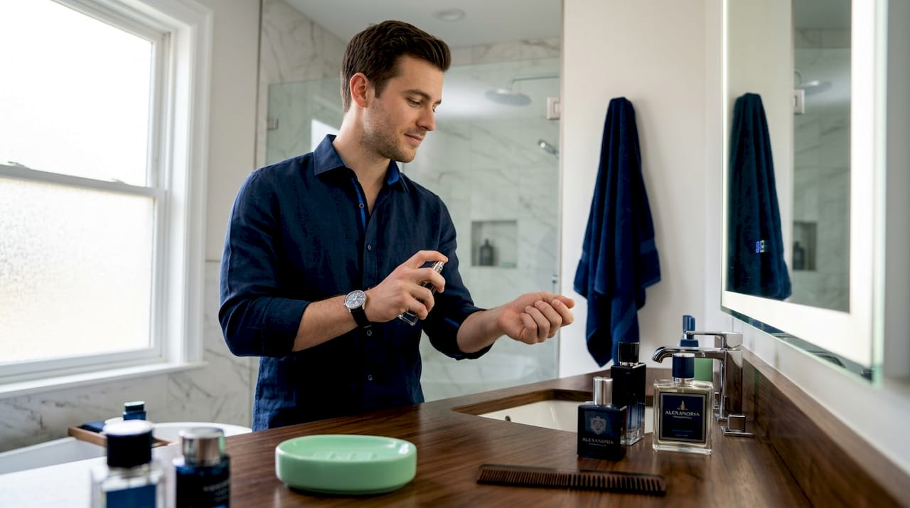 Man applying perfume at bedroom dresser