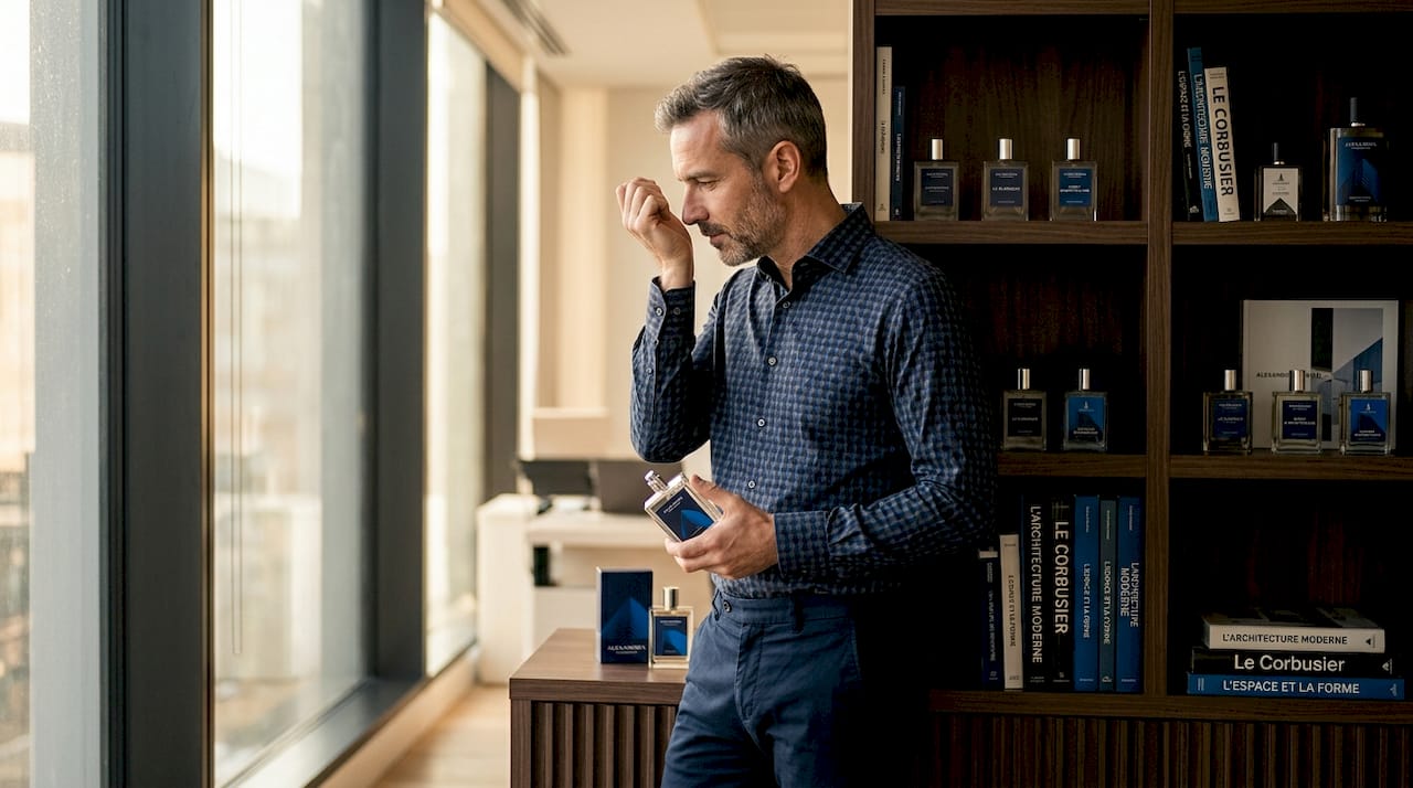 Un homme prend le temps d'apprécier un parfum, installé confortablement dans son salon.