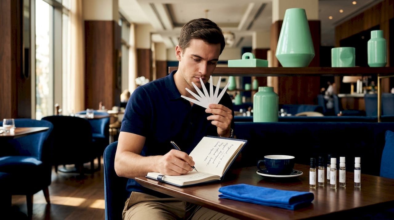 Man comparing fragrance notes at home