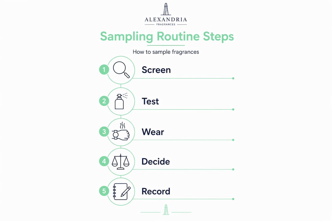 Infographic showing fragrance sampling routine steps