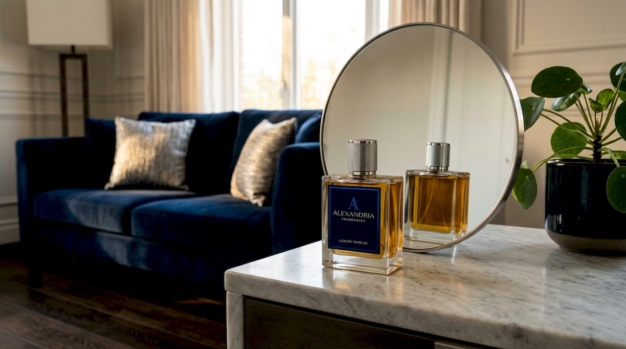Una elegante botella de perfume descansa sobre una mesa bañada por la luz.
