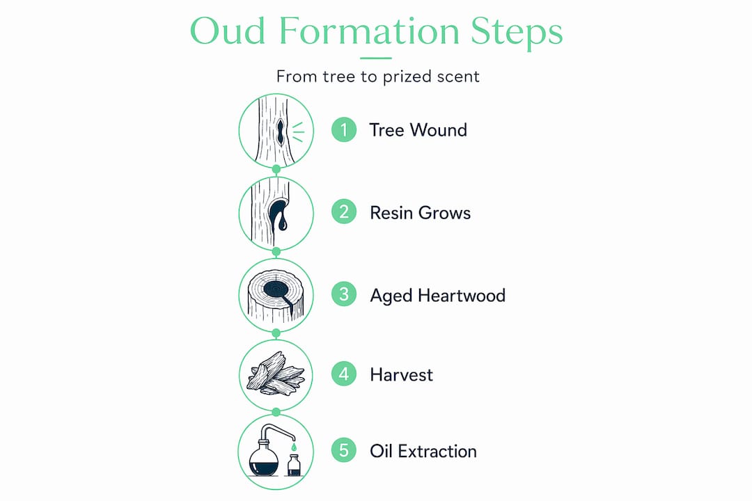 Oud perfume formation process in five visual steps