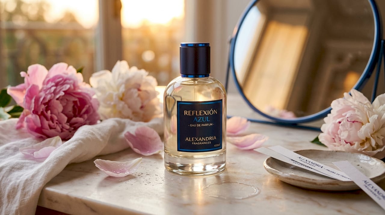 Un frasco de perfume acompañado de peonías frescas y una delicada tela de lino sobre la cómoda.