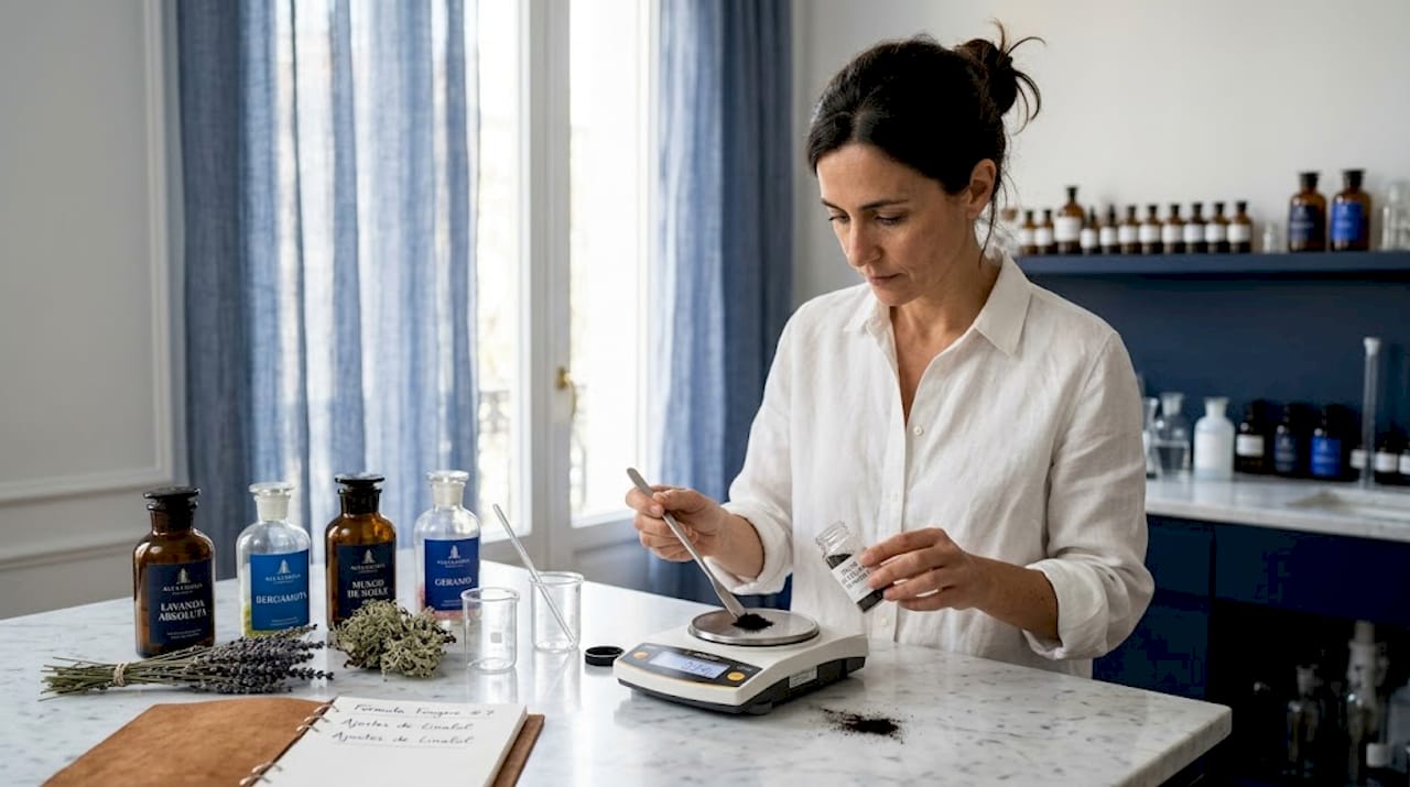 Un perfumista dando forma a una fragancia fougère clásica, utilizando sus herramientas y técnicas tradicionales.