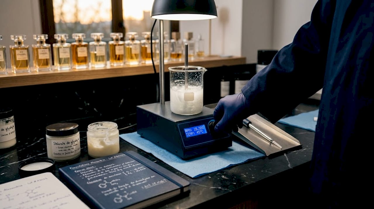 Une main gantée s’affaire à élaborer une émulsion parfumée dans un laboratoire.