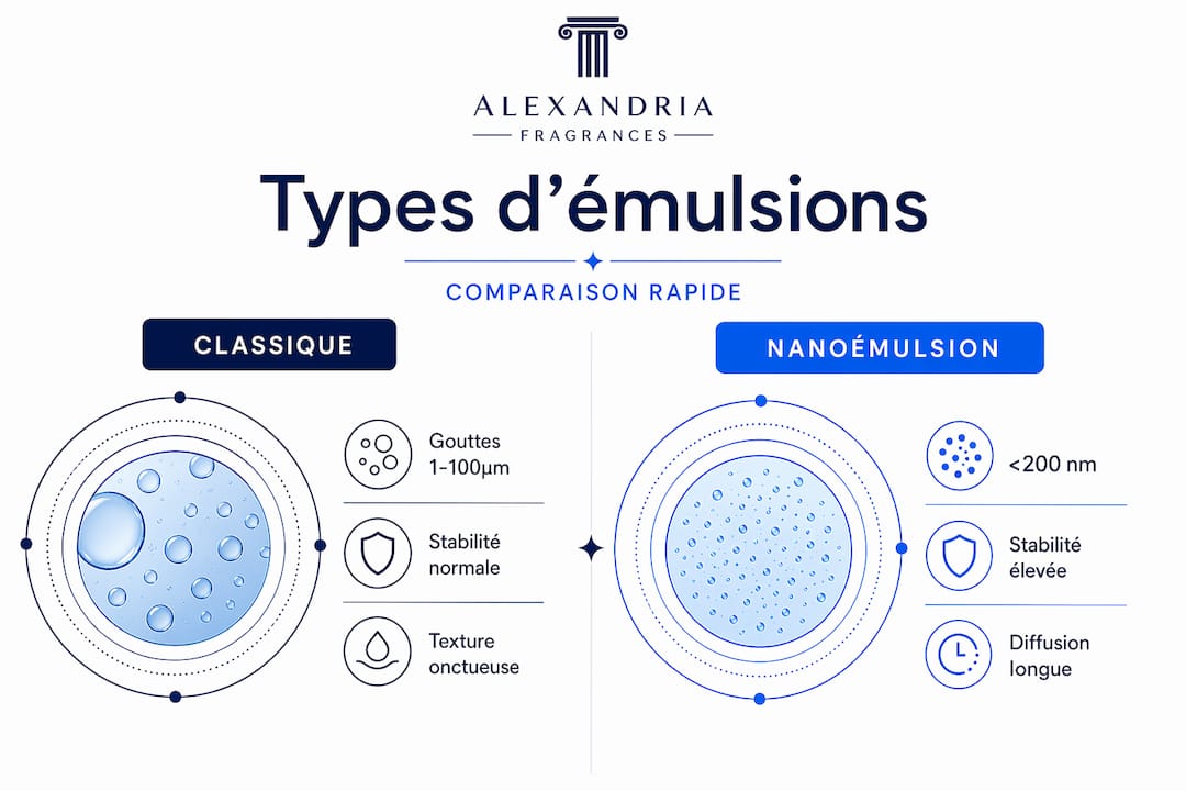 Infographie : les différences clés entre émulsions classiques et nanoémulsions