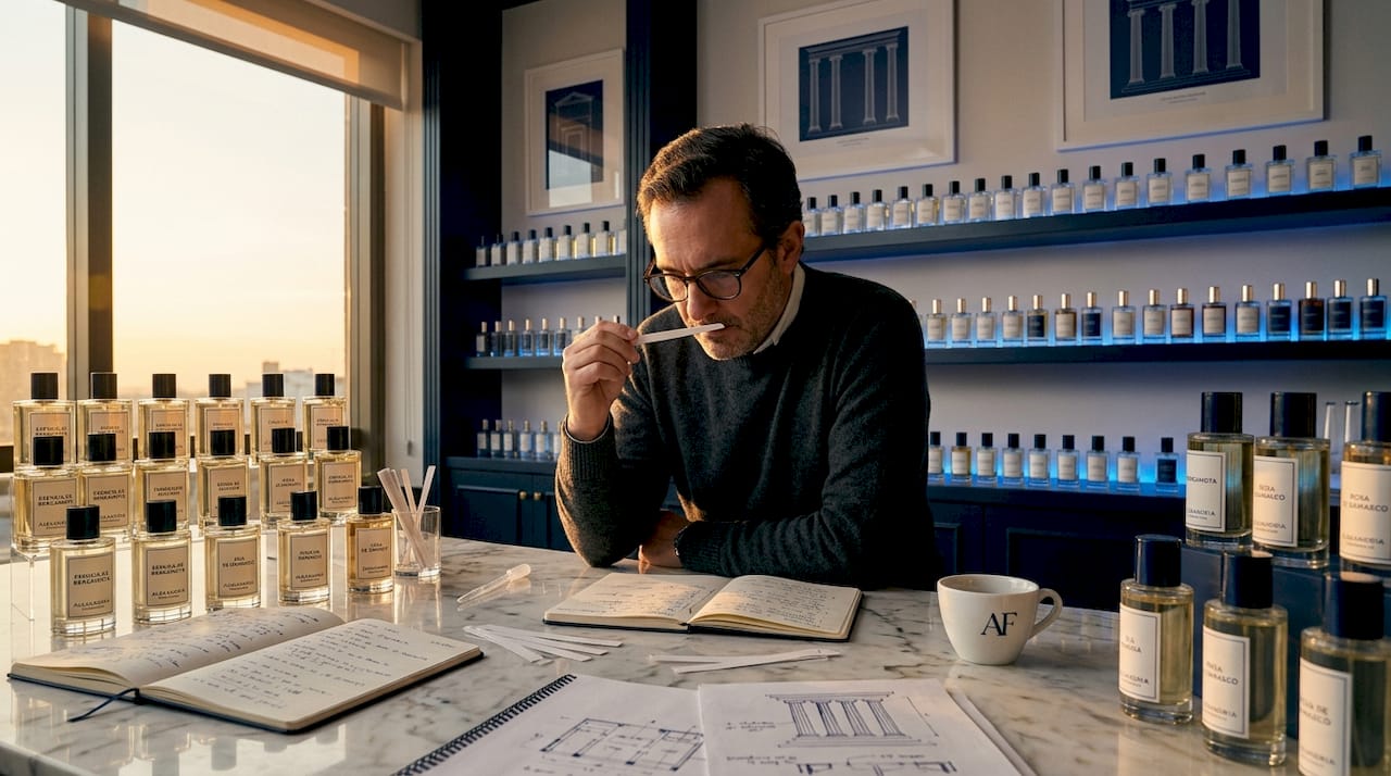 Un perfumista examina las notas de almizcle en su taller.