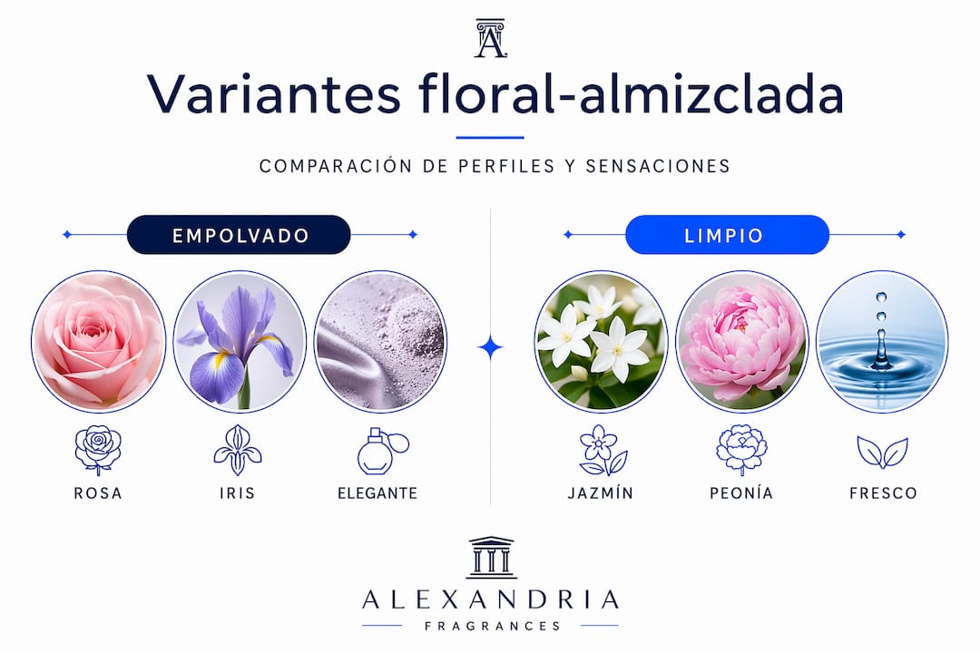 Infografía que compara diferentes versiones con notas florales y almizcladas