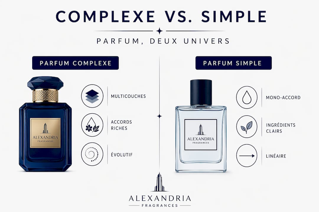 Visuel mettant en lumière les différences entre parfums élaborés et fragrances épurées
