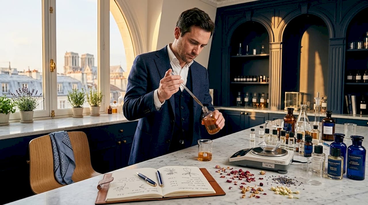 Un parfumeur ajuste avec précision la quantité d’essence dans son atelier.