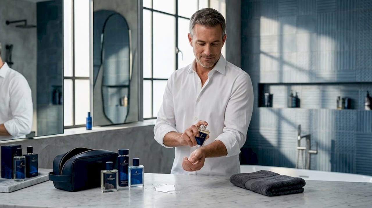 Un homme se parfume devant le miroir de sa salle de bain, entouré de ses produits de toilette.