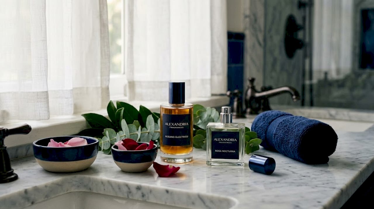 Frascos de perfume, hojas verdes y pétalos de rosa