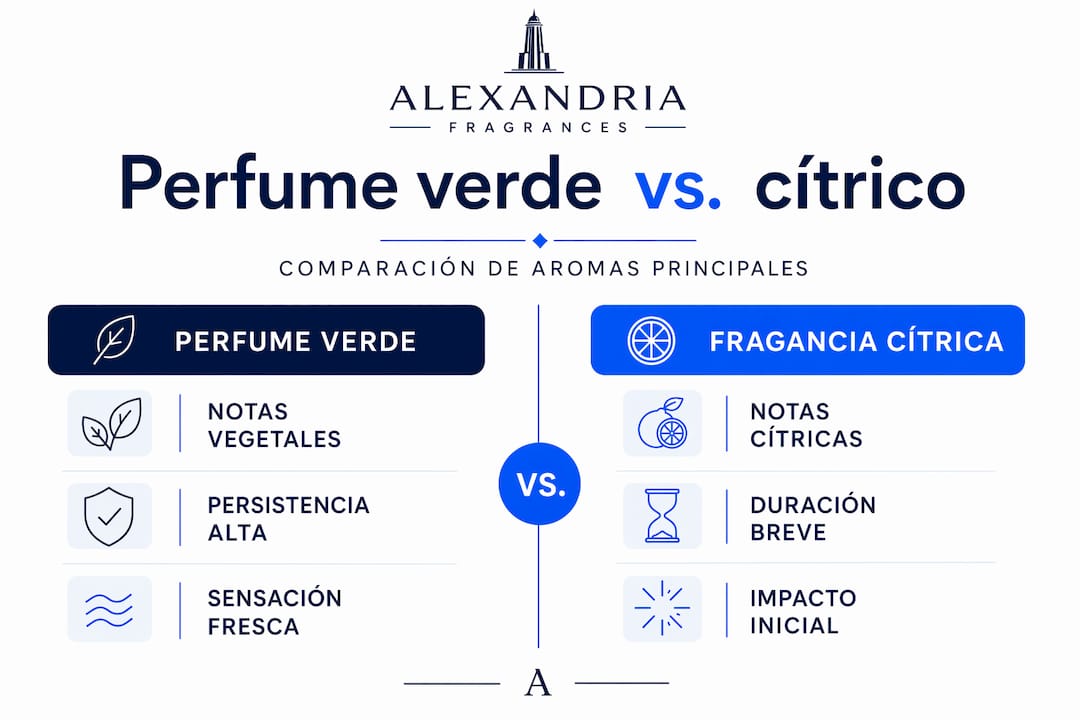 Infografía: diferencias entre perfumes de notas verdes y fragancias cítricas