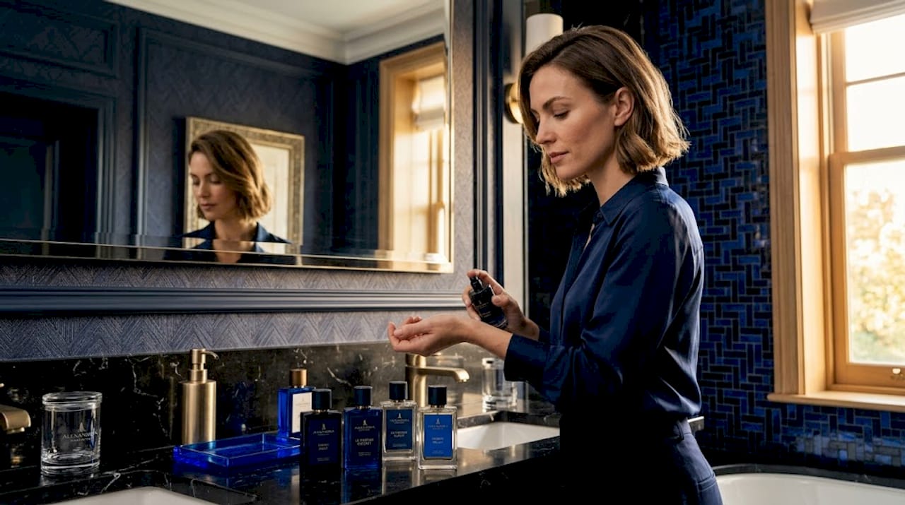 Une femme découvre de nouveaux parfums haut de gamme devant sa coiffeuse.
