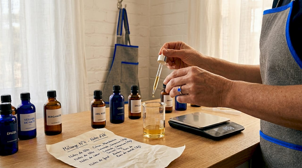 Des mains s’activent à préparer les ingrédients pour fabriquer un parfum maison sur le plan de travail de la cuisine.