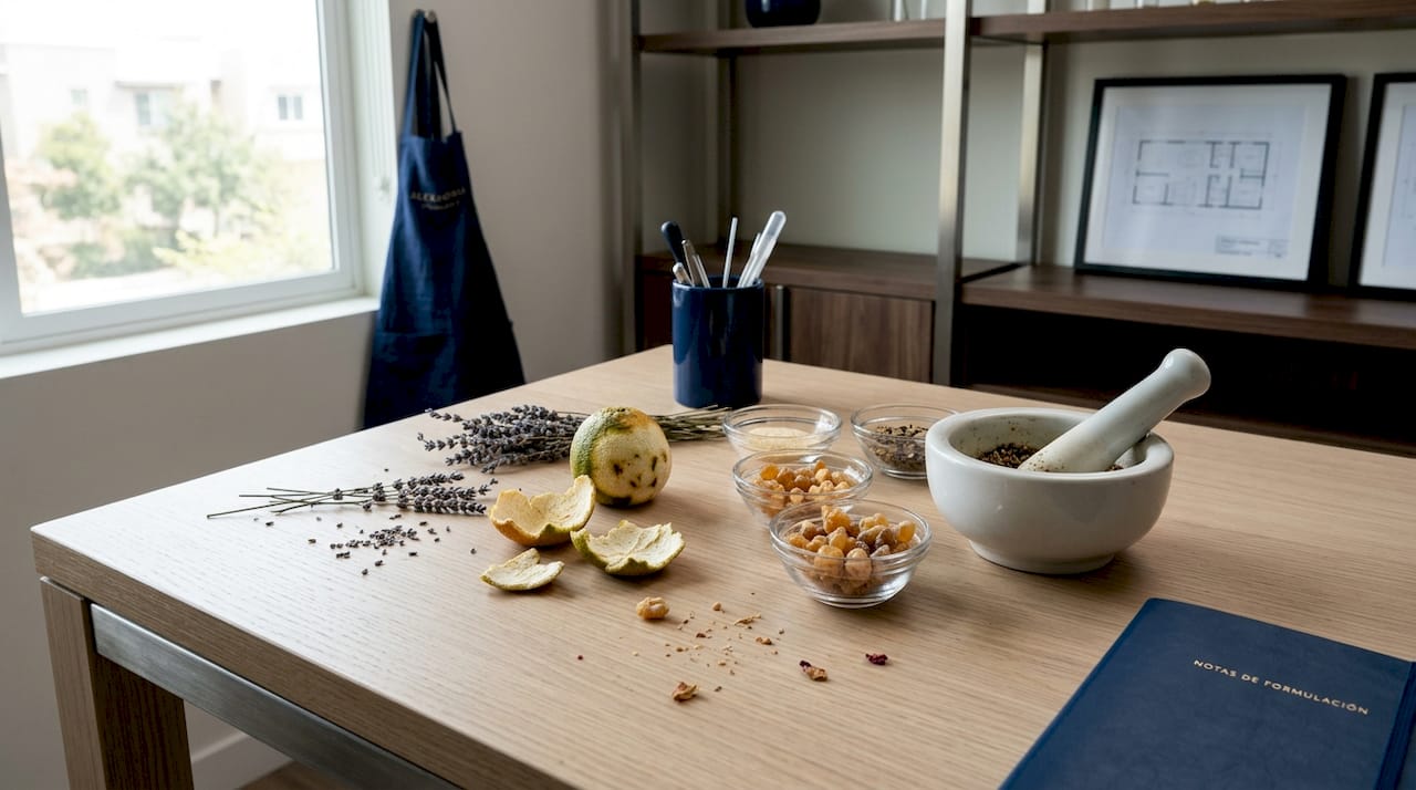 Ingredientes para crear perfumes repartidos sobre la encimera de la cocina