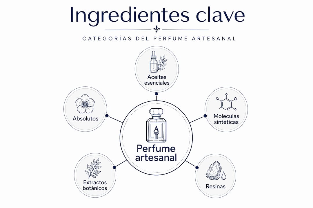 Esquema visual de los componentes esenciales para crear un perfume artesanal