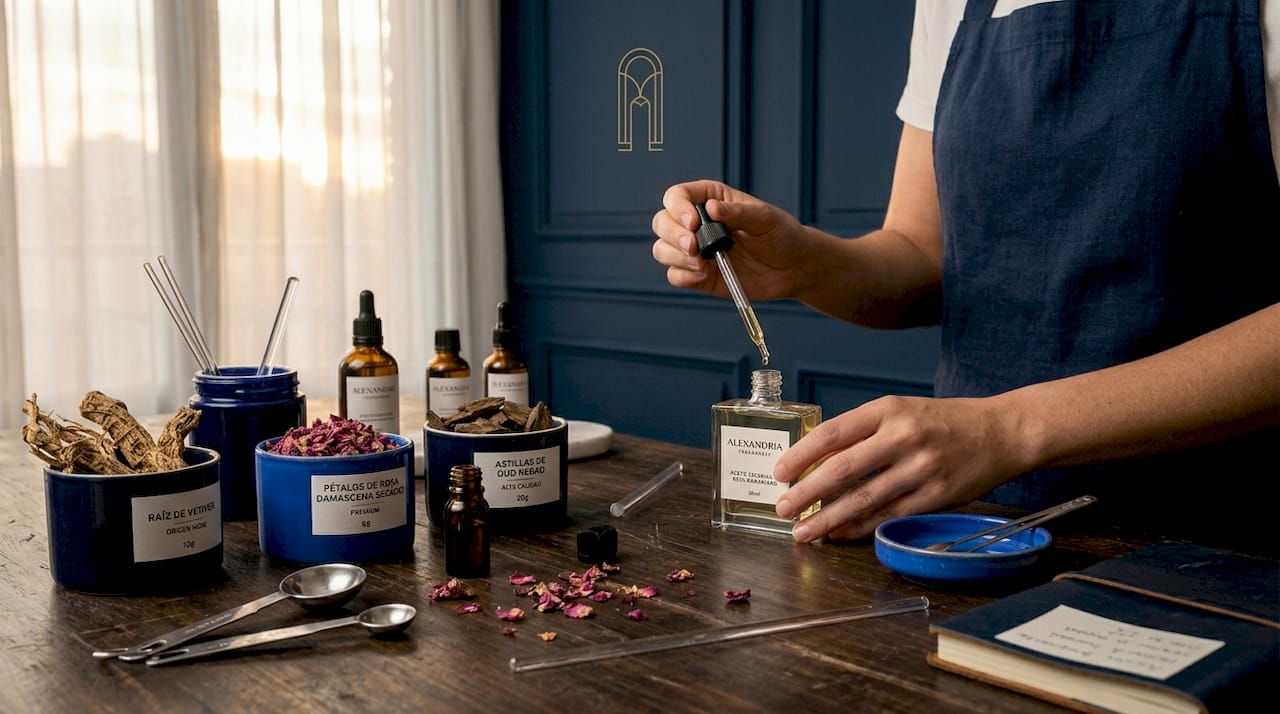 Un perfumista mezclando aceites esenciales con ingredientes naturales para crear nuevas fragancias.