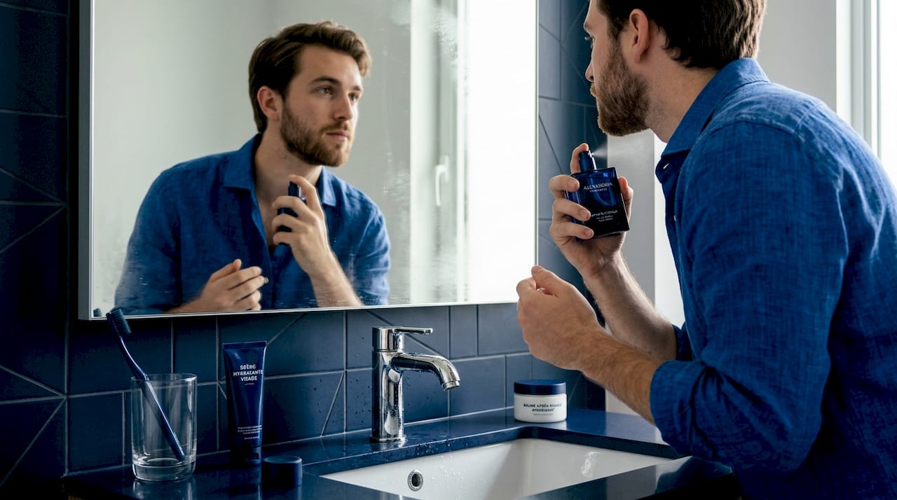 Un homme vaporise du parfum dans la salle de bain d’un appartement qui vit.