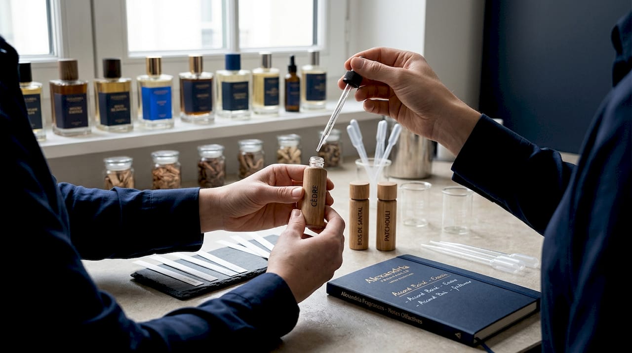 Des mains s’activent pour composer un subtil mélange d’huiles essentielles aux notes boisées.