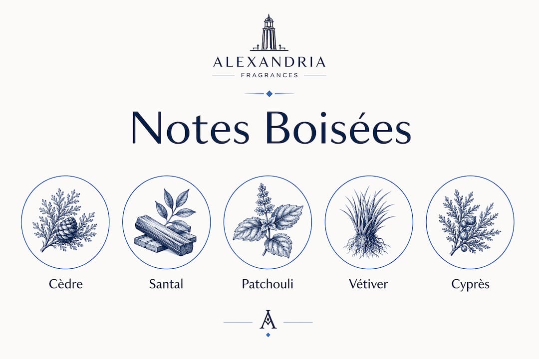 Visuel présentant les principales essences boisées en parfumerie