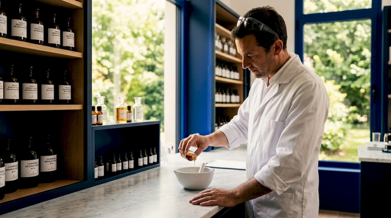 Dans son laboratoire, le parfumeur assemble avec précision différentes essences pour créer un parfum unique.