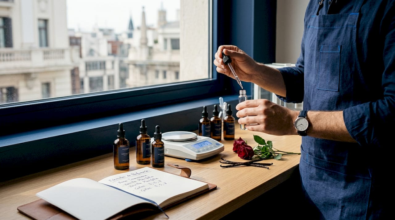 Una mano con una pulsera identificativa manipula los ingredientes para crear un perfume.