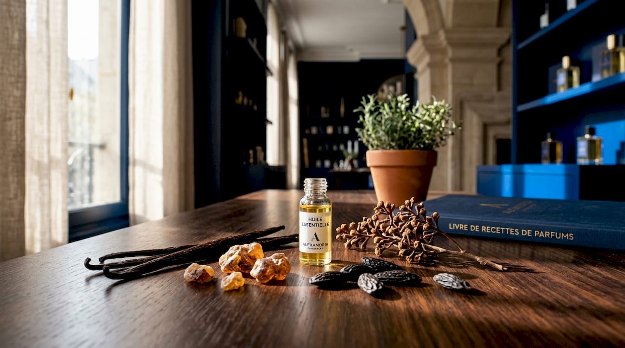 Ingrédients naturels de parfums orientaux disposés sur une table en bois