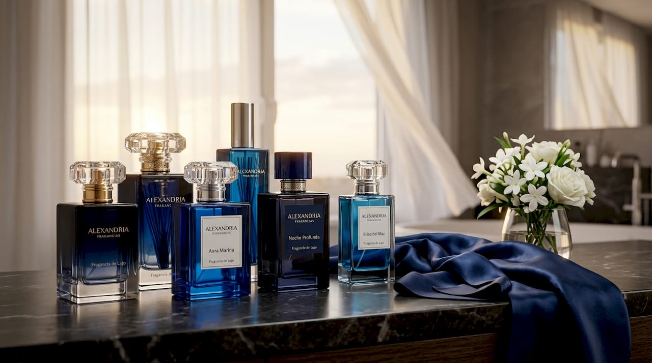 Frascos de perfume elegantes lucen sobre una coqueta de mármol.